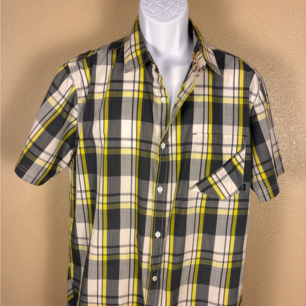 Men's Plaid Short Sleeve Shirt - Yellow and Gray